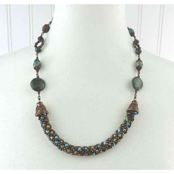 Statement Necklace Turquoise Howlite Beryl Color Copper Tone Metal Ornate Beads - Picture 11 of 12